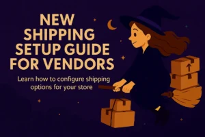 Banner image for a blog post about shipping setup for vendors on Crafty Covens. It features a witch riding a broomstick through a starry night sky, carrying multiple shipping boxes.