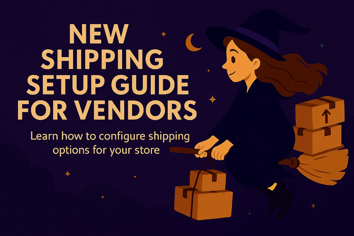 Banner image for a blog post about shipping setup for vendors on Crafty Covens. It features a witch riding a broomstick through a starry night sky, carrying multiple shipping boxes.