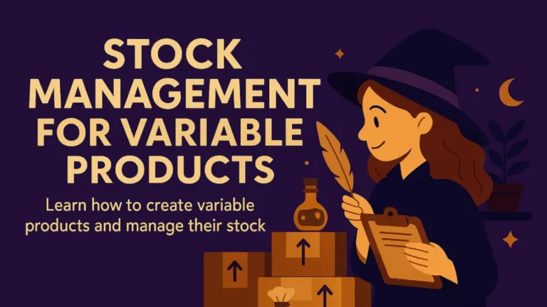 Illustration of a witch managing product inventory with boxes, a clipboard, and the text "Stock Management for Variable Products" on a purple background.