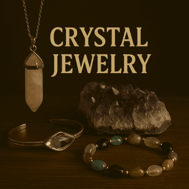 Crystal Jewelry category image featuring gemstone rings, pendants, and beaded bracelets.