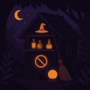 A small witch’s shop tucked in the shadows, softly glowing with magical light, surrounded by trees and mystical ambiance.