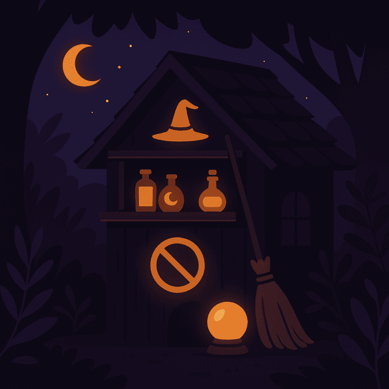 A small witch’s shop tucked in the shadows, softly glowing with magical light, surrounded by trees and mystical ambiance.