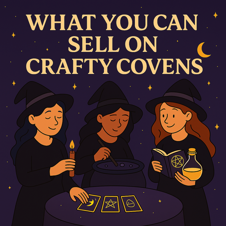 A stylized digital illustration showing three witches: one holding a candle with tarot cards on the table, one holding a book and a potion bottle, and one stirring a cauldron. The title “What You Can Sell on Crafty Covens” is displayed above them.