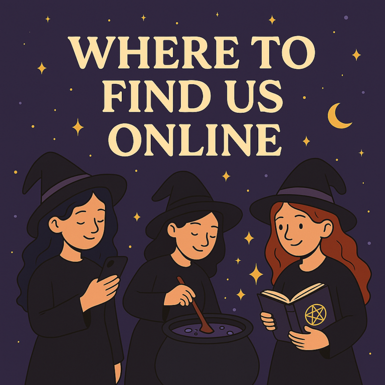 Witchy digital illustration with three witches—one stirring a cauldron, one holding a phone, and one reading a book—beneath the text "Where to Find Us Online" on a purple background with stars and moons.