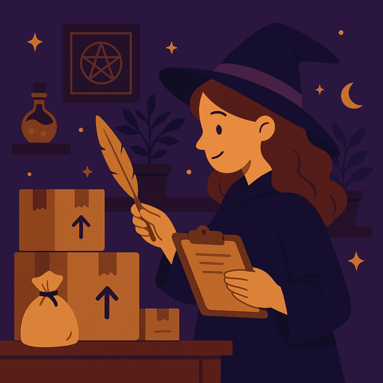 A cheerful witch organizing magical items in her cozy shop workspace, preparing to sell her creations.
